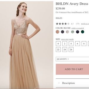 BHLDN Avery Dress.  Blush color. Size 12